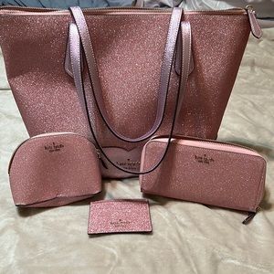 Kate spade pink glitter purse with wallet, card holder, and mini cosmetic case
